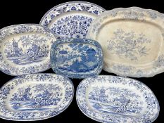 SIX VARIOUS SWANSEA BLUE & WHITE PLATTERS, including Collandine pattern and Indian Ornament pattern,