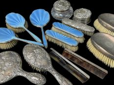 SILVER BACK DRESSING TABLE SETS, including modern Victorian style 5pc set with repousse