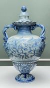 LARGE CANTAGALLI BLUE & WHITE MAIOLICA VASE & COVER, twisted rope and mask handles, decorated with
