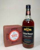 VINTAGE CHRISTMAS PUDDING & RUM, comprising 1950s Fortnum & Mason's boxed pudding in ceramic bowl,