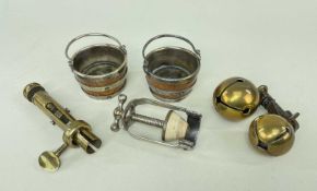 SMALL GROUP OF METAL UTENSILS, including pair of EPNS mounted oak bucket-shaped salts one engraved