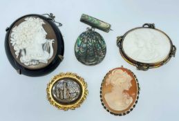 FIVE ASSORTED BROOCHES comprising 19th Century yellow metal architectural micro mosaic goldstone bar