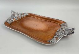 RARE JOSEPH HEINRICHS HAMMERED COPPER & SILVER MOUNTED TRAY, American c. 1905, with bear's head