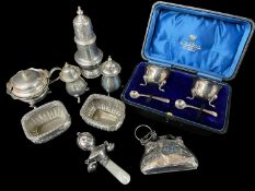 ASSORTED SILVER CRUETS & COLLECTIBLES, including Georgian-style caster or muffineer, coin purse,