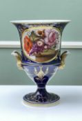 19TH CENTURY TWIN HANDLED PORCELAIN CAMPANA VASE, probably Coalport, cobalt blue ground with