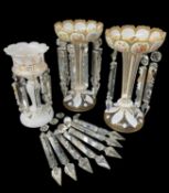 PAIR VICTORIAN OVERLAID GLASS LUSTRES, painted and gilt with flowers, 23cms tall, and a single