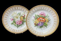 PAIR STAFFORDSHIRE BONE CHINA CABINET PLATES, painted with full blown summer flowers, within gilt