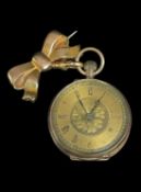 9CT GOLD ENGRAVED FOB WATCH, with 9ct gold bow brooch attachment, 18.8gms Provenance: private