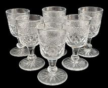 SET OF SIX GOOD QUALITY LARGE CUT GLASS WATER GOBLETS, with hobnail cut collar, above a diamond