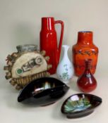 MID CENTURY POTTERY WGP KERAMICS COLLECTION including one Scheurich 275-28 solid red glazed vase