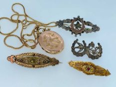 GOLD & SILVER JEWELLERY, comprising 18ct gold chain, 6.3g, 9ct gold locket, 9ct gold ruby and seed