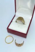 GOLD JEWELLERY comprising 9ct gold signet ring in box together with part 9ct gold ring and a 22ct