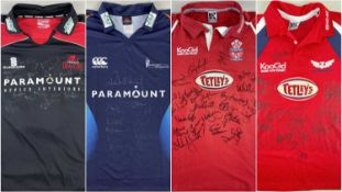 FOUR REPLICA SIGNED SPORTING JERSEYS including professional era Llanelli RFC, similar Scarlets,
