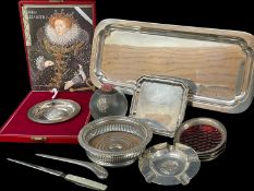 ASSORTED SILVER TABLEWARE, including George IV decanter coaster, set 3 coloured glass bottle