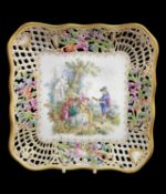 MEISSEN STYLE PORCELAIN DESSERT DISH, shaped square with floral trellis pierced border, centre