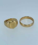 GOLD JEWELLERY comprising 18ct gold engraved signet ring together with an 18ct gold band, 10.4gms