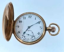 9CT GOLD FULL HUNTER POCKET WATCH, the engine turned cover revealing white enamel face with
