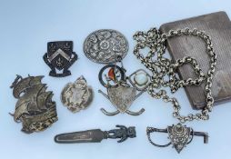 ASSORTED SILVER & WHITE METAL comprising silver engine turned cigarette case, three silver brooches,