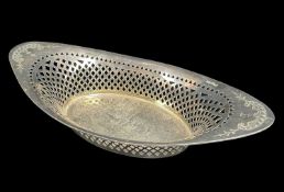 VICTORIAN SILVER OVAL BASKET, Sheffield 1895, bright cut engraved foliate handles, trellis pierced