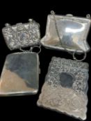 FOUR SILVER PURSES & CASES, comprising Victorian card case, Edward VII embossed purse on chain