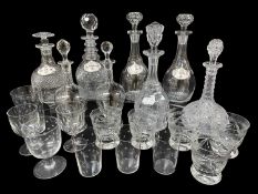 QUANTITY OF GLASSWARE to include six various cut glass decanters (one pair), some with ceramic