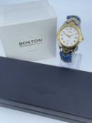 GENTS SEIKO SQ 50 WRISTWATCH, stainless steel and base metal, leather strap, in Boston box, together