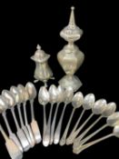 ASSORTED FLATWARE & TABLEWARE including Dutch silver hexagonal baluster caster, 1882, set early