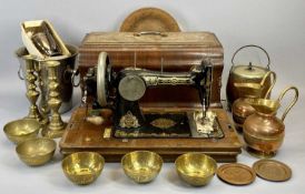 COPPER JUGS, A PAIR, brass candleholders, ice bucket, ETC, and a vintage cased Singer? sewing