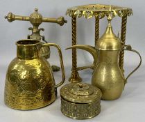 BRASSWARE - Eastern teapot, interesting circular sewing box, fire dogs, trivet stand ETC