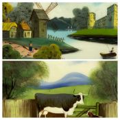 VINTAGE PAINTINGS ON GLASS - a windmill at the riverside with a boat and figure on track, 37 x