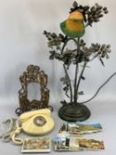 METAL BASED FANCY TABLE LAMP, 76cms tall and a Rococo style portrait frame, a retro cream coloured