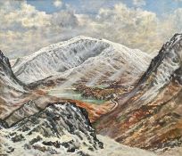 MOSS WILLIAMS oil on board - Snow on Welsh mountains, entitled verso 'Yr Wyddfa, Cwmtreweryn a