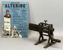 VICTORIAN CRIMPING MACHINE and an advertising board for 'Hankinsons Alterine'