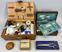 VINTAGE LEATHER SEWING BOX WITH CONTENTS, 30 x 20 x 10cm, and a Victorian rosewood trinket box