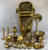 BRASSWARE - a tall coal/log scuttle, 76cms tall, 40cms W, candlesticks, fancy clock, chestnut
