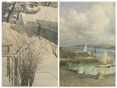 FREDERICK KERR watercolour - breakwater with lighthouse, yachts and figures, signed, 34 x 54cms