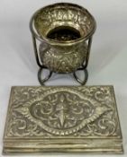 SIAMESE RECTANGULAR WHITE METAL CIGARETTE BOX, the cover with heavily chased decoration, 16 x 10 x