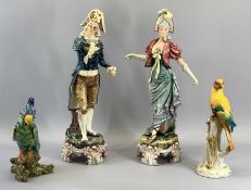 CONTINENTAL ASSORTMENT - two exotic bird figures, 30cms H the tallest and a pair of French faience