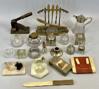 VARIOUS GLASS INKWELLS, ART DECO MANICURE SET ON STAND, two Art Deco onyx ashtrays mounted with