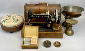 WOODEN CASED SINGER SEWING MACHINE, walnut tapestry seated footstool, treen items and a vintage