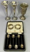 GERMAN 800 SILVER FLOWER VASES, A PAIR - 16cms tall, (loaded), cased set of bean spoons, two