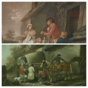 ARTHUR L COX antique prints, a pair - an interior and a coaching scene, signed in pencil and blind