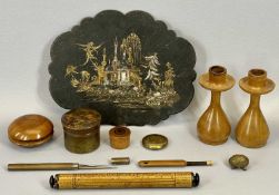 MAUCHLINE WARE - perpetual calendar postal rule, fruit wood boxes, ornamental cricket bat,