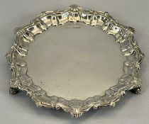 SILVER CARD TRAY - with shaped edge on three feet, Sheffield 1918, 11.8ozt