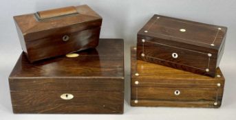 VICTORIAN SARCOPHAGUS SHAPED TEA CADDY, 13 x 22 x 12cms, a rosewood work box, 12 x 29 x 22cms and