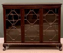 EDWARDIAN MAHOGANY THREE DOOR CHINA CABINET - on ball and claw feet, 124cms H, 155cms W, 36cms D