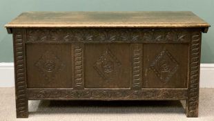 19TH CENTURY OAK CARVED FRONT LIDDED COFFER - 53cms H, 107cms W, 46cms D