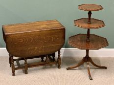 VINTAGE OAK BARLEY TWIST GATELEG TABLE - 73cms H, 122cms W, 92cms D (open), and a three-tier