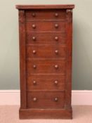 VINTAGE OAK WELLINGTON CHEST - 7 drawers with turned wooden knobs and carved detail to the uprights,