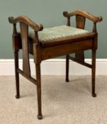 'ARTS & CRAFTS' STYLE PIANO STOOL - with tapestry lift-top seat on turned supports, 68cms H, 53cms